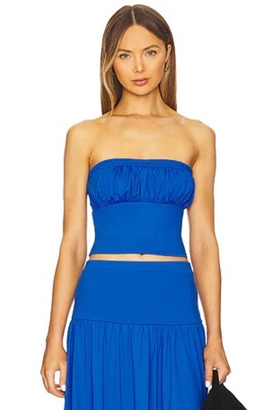 Nwt Susana Monaco Sz Xs Santorini Blue Ruched Strapless Cropped Slim Tube Top